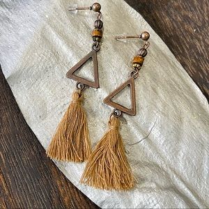Tassel Hanging earrings OPEN TRIANGLE and beads BOHO CHIC mixed textured NEW